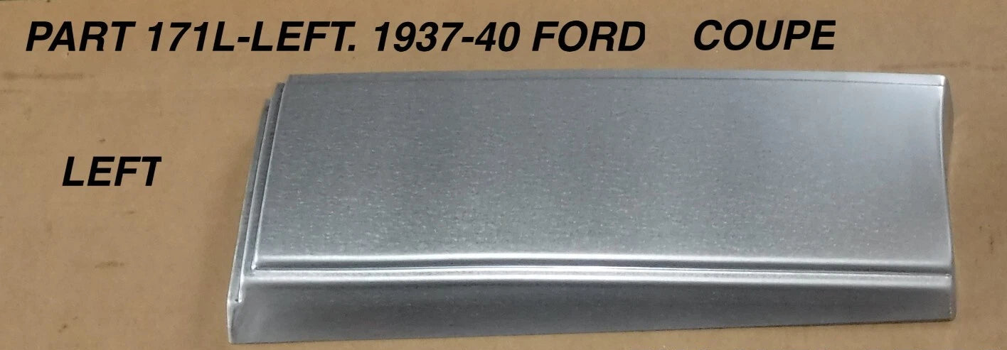 Metal car part labeled '171L-LEFT' for 1937-40 Ford Coupe on a brown background with 'EMS Auto. Detroit MI' text.