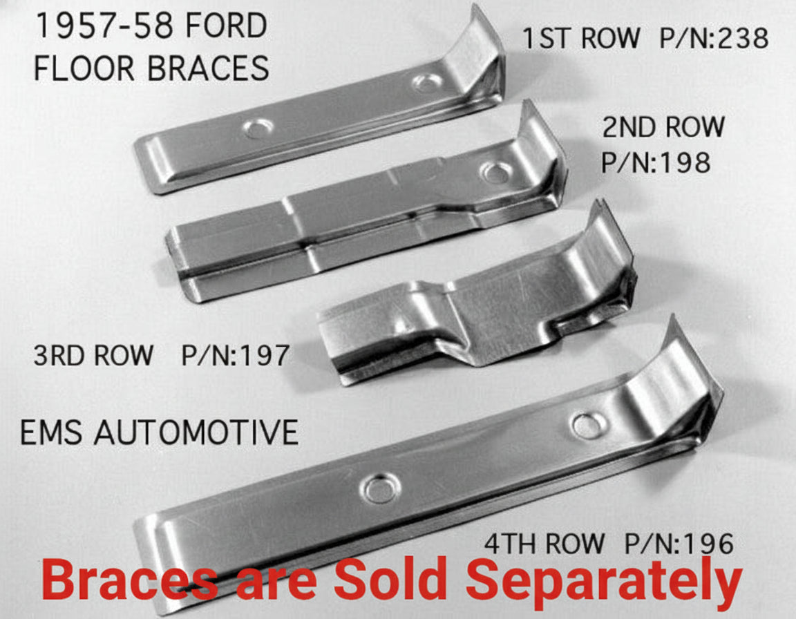 Set of four metal floor braces with part numbers on a white background, labeled '1957-58 Ford'.