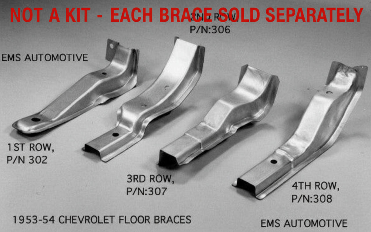 Set of four metal floor braces with labels indicating row and part number on a gray background.