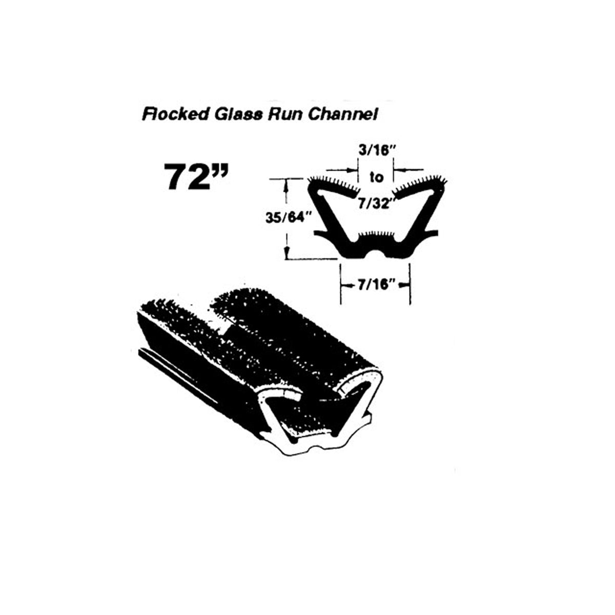 Guide Run Channel Flocked Glass Run Channel, Used on Upper & Lower Division Bars, 72