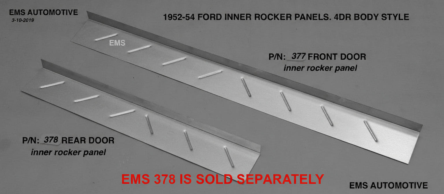 Two inner rocker panels for 1952-54 Ford vehicles on a gray background with text indicating model details.