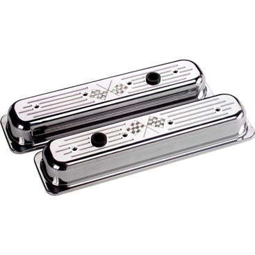 Billet Aluminum Center Bolt Chevrolet "Cross Flags" Style Valve Cover, (Pair)
