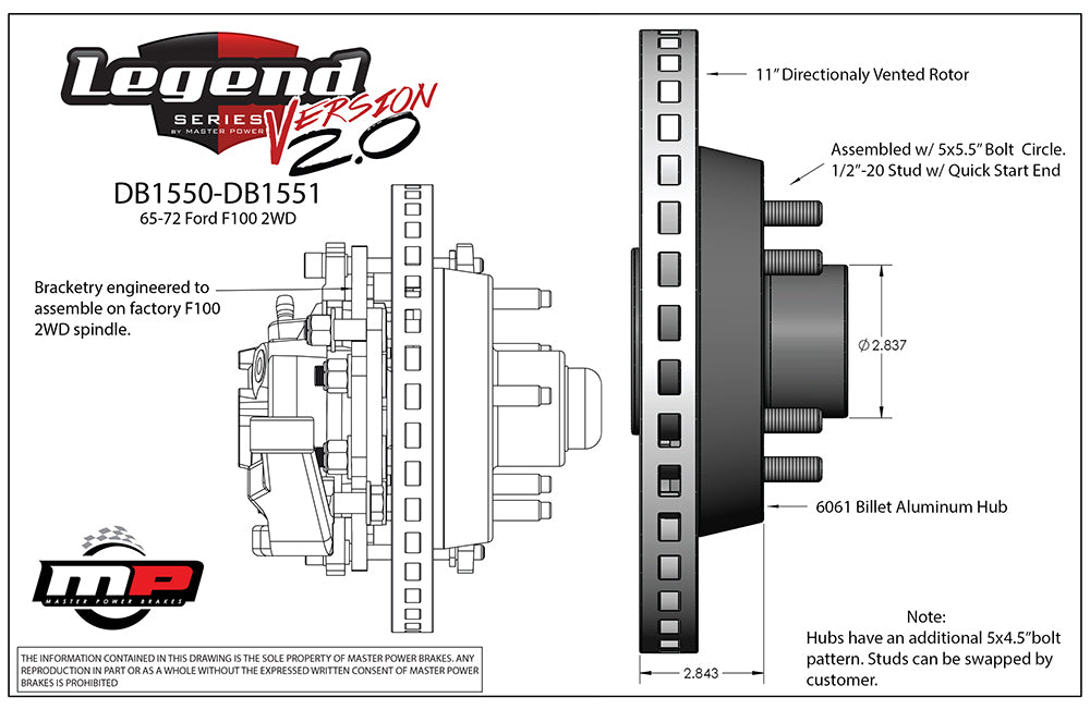 1968-72 FORD F100 PICK UP (w/5 x 4-1/2" and 5 x 5 1/2" Bolt Circle) - Assembles on OE Drum Brake Spindles Legend Series  HP Front Disc Brake Kit - V2.0 Manual Brake Kit